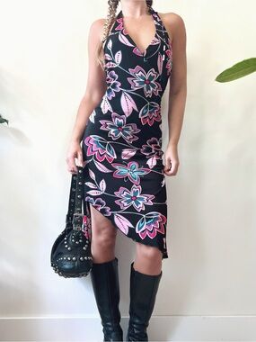 2004 Vintage BEBE | y2k Floral Halter Asymmetrical Dress